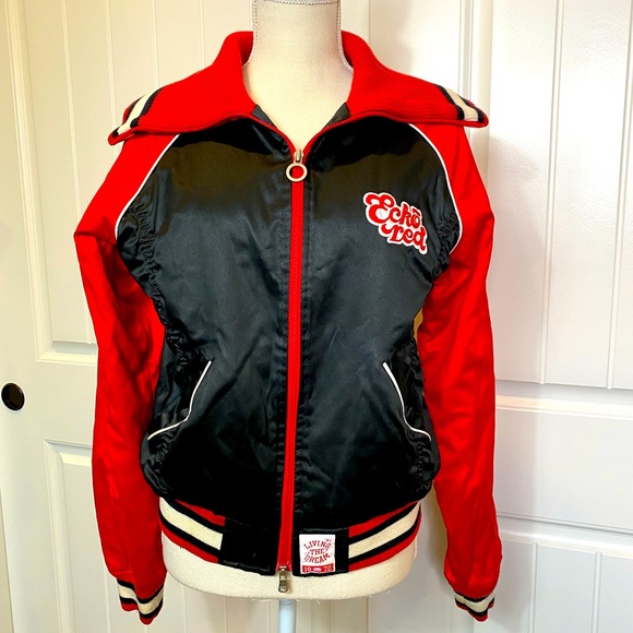 Eckored Jackets & Blazers - EckoRed Embroidered Satin Knitted Zip Up Bomber Jacket